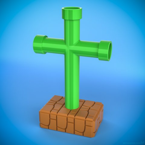 3D print design of a Mario-themed grave, featuring a cross made of characteristic green Mario game pipes, and a base made of 8-bit Mario game stone tiles.