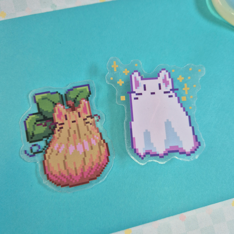 photo of clear Vinyl Sticker with Pixel Art Pumpkin Cat and Ghost Cat motive