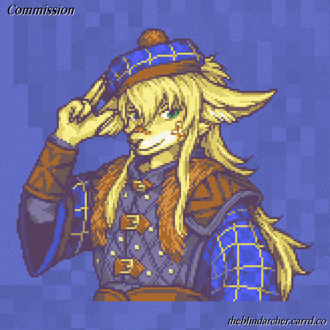 16 bit pixel art bust portrait of an anthropomorphic Fennec fox character with green eyes and long, flowing hair tied back in a wavy ponytail.  They are posed doing a two-finger salute in front of their face.  They wear a blue and gold tartan cap and tunic as well as black and brown leather armor, with a red fur pelt across their shoulders.  Bandages are on their nose and cheek.  The art is of the recipients original character.