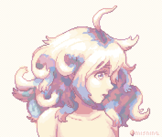 A pixel art illustration of a lightly watercolored girl with whispy light blonde hair colored with rose and blues, looking to the side.