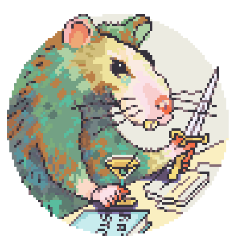 Circular pixel art of a rat with an eyepatch, a stiletto dagger and a martini glass. He's hunched over some documents and a book. Color in greens, tans, browns, and golds, with some pink in the ears, nose, and fingers. What a rascal!