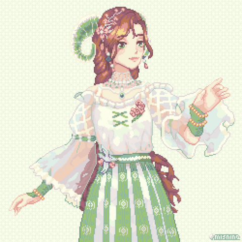 A pixel art illustration of a very dressed up person with green translucent horns, long braided brown hair, pink flower accessories, and sheer poofy sleeves.