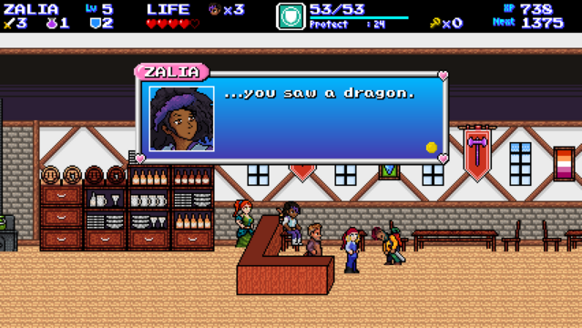 Screenshot of Enigma Heart. The scene is set inside The Purple Labrys, a medieval pub. Behind the bar is Esme. Zalia is sitting on a stool at the bar. Aenwald and Priscilla are standing at the other end of the bar. Everybody is looking at a brightly-attired, unnamed adventurer, who appears out of breath. Zalia is speaking. Her dialogue box depicts her with a skeptical look on her face, complete with cocked eyebrow. She's saying, "...you saw a dragon."