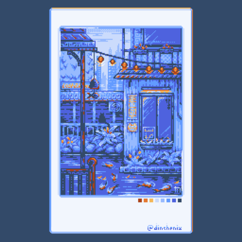 pixel drawing in blue colors of a vertical polaroid showing an pavilion at a koi pond with a string of lanterns above the water