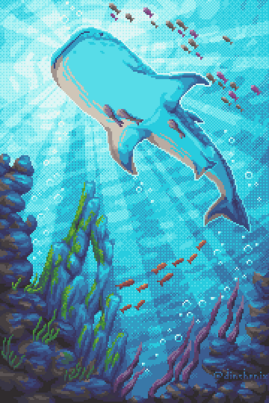underwater pixel art illustration of a whale shark from below, swimming over rocks, surrounded by fish, sunlight shining from above illuminating its head