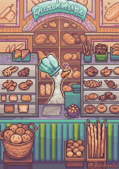 an illustration in pixel art of a goose in a bakery called Quackstube