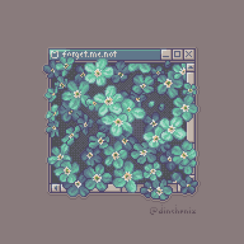pixel art illustration of a computer application window filled with forget-me-not flowers