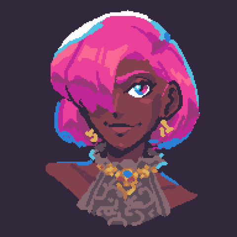 A headshot of a dark skinned woman with blue eyes and short pink hair, with large bangs covering one eye. She is wearing a black, sleeveless lace shirt with a frilled collar, gold earrings, and a gold necklace with a small blue gem.