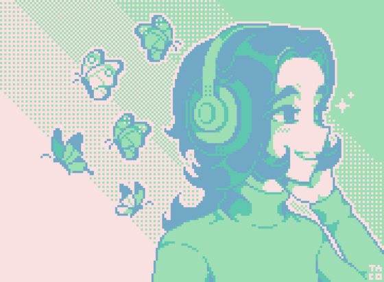 a pixel art illustration of my OC as Kelci Ferguson from Vistoso Bosses - specifically the Headphones meme. My OC is looking to the right, with a big smile on his face, wearing big headphones with butterflies behind him.