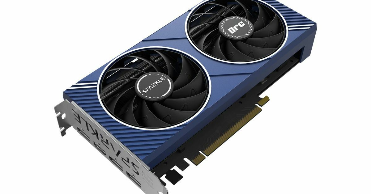 A blue metal GPU, with silver plate on the end to attach it to a PC case.