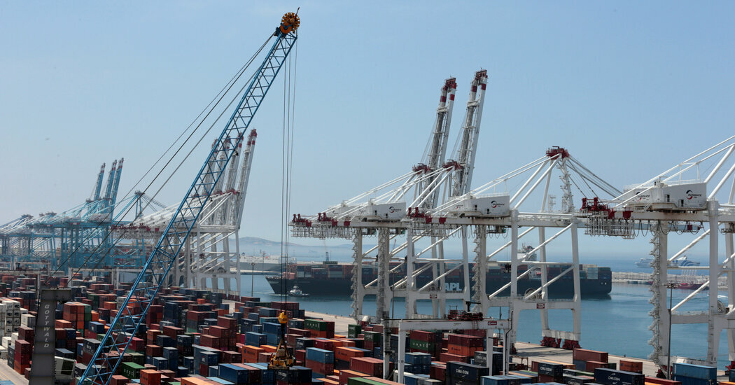 The Tanger-Med container port near Tangier, Morocco, has become a hub for transshipments of goods to Russia.
