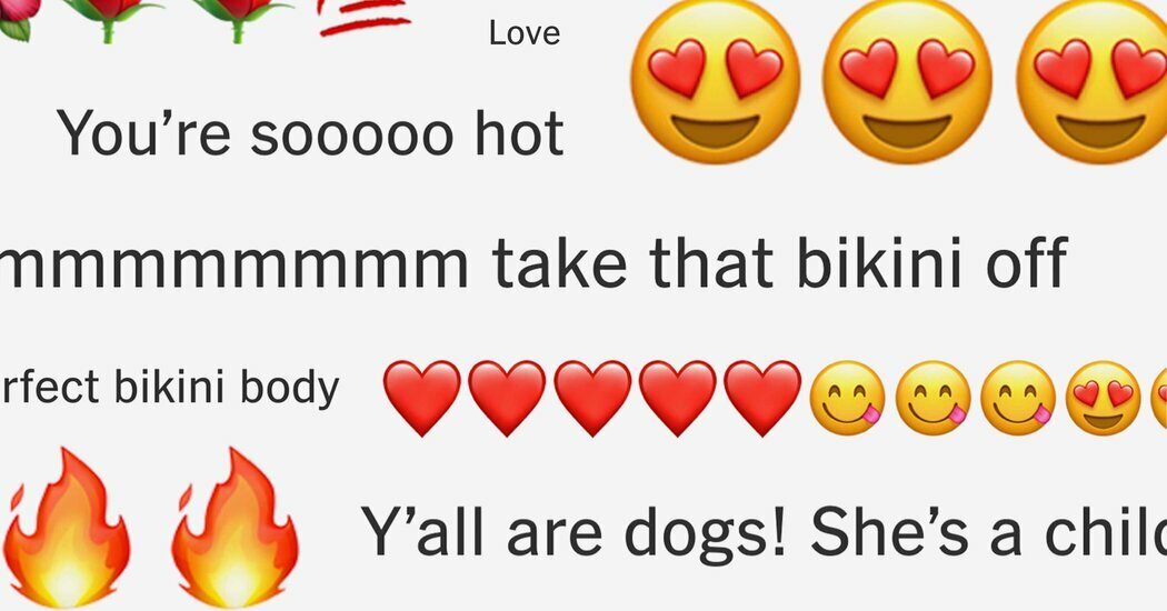 This is a curated selection of real comments and emojis associated with an Instagram photo of a 9-year-old girl in a golden bikini lounging on a towel. It was posted by her parents.