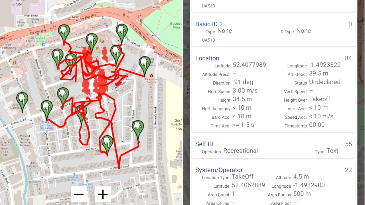 A screenshot of the drone monitoring application, showing spoofed drones and their coordinates