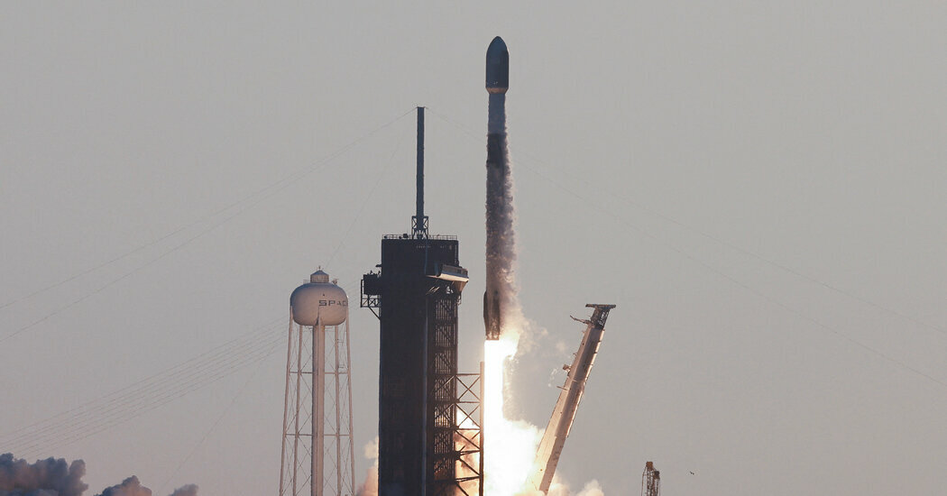 A SpaceX Falcon 9 rocket carrying Starlink internet satellites blasting off in Cape Canaveral, Fla., in 2022. Starlink has such a grip on the market that it has launched satellites for competitors.