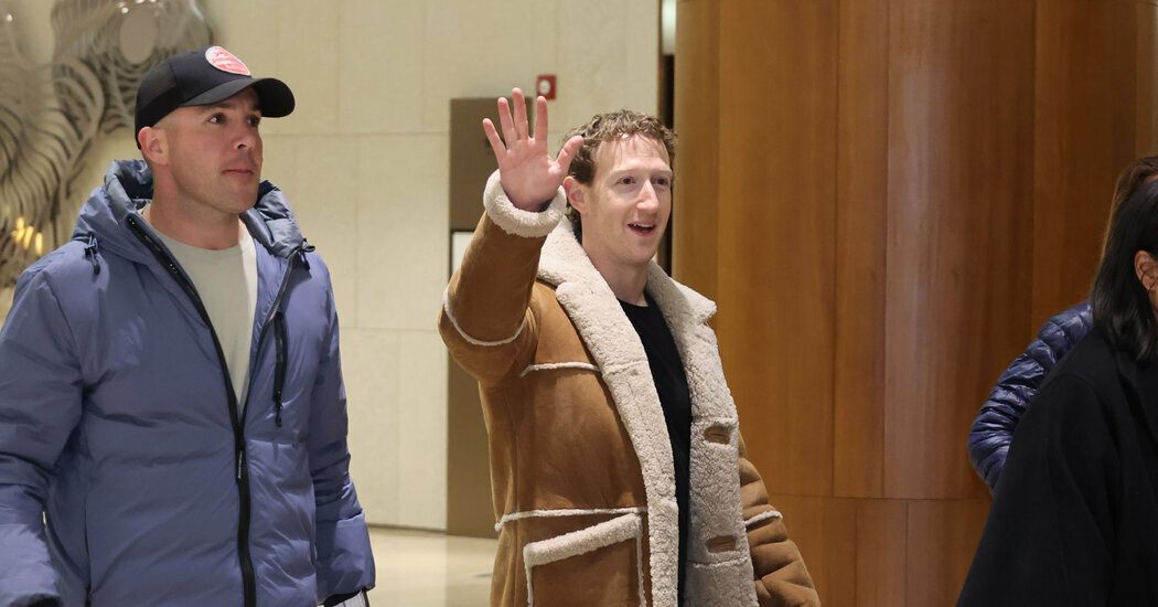 Mark Zuckerberg arriving in Seoul in February in an Overland shearling jacket 