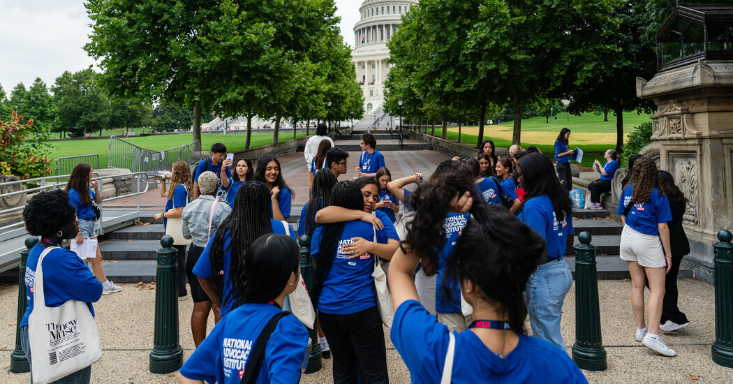 Members of the A.C.L.U. National Advocacy Institute’s high school program gathered to lobby against the Kids Online Safety Act last week. 