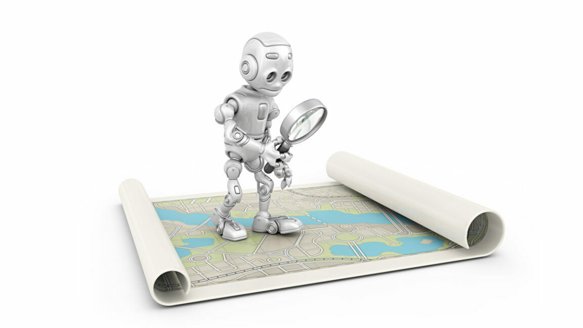 A 3D cartoon robot with a magnifying glass looking at a map.
