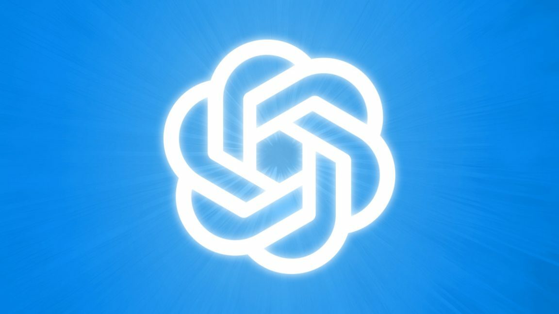 A glowing OpenAI logo on a light blue background.
