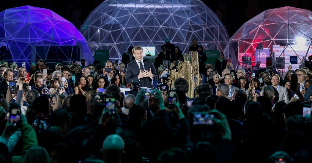 France’s president, Emmanuel Macron, speaking at the Artificial Intelligence Action Summit in Paris on Monday. He has argued against regulations that could make France’s tech sector less competitive.