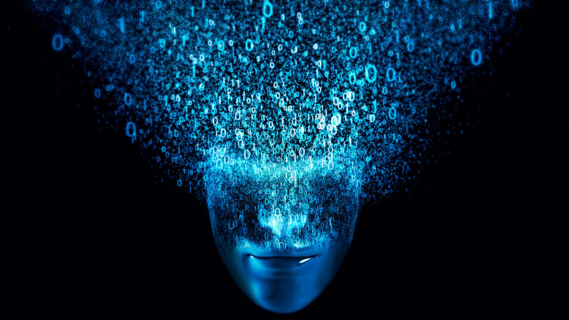 AI robot face composed of binary numbers and particles