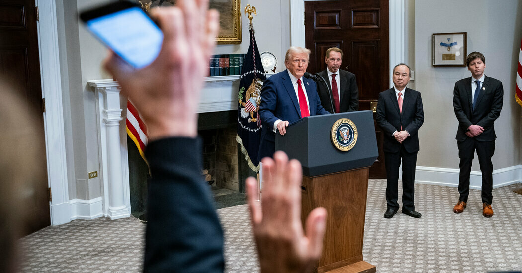 President Trump at the White House in January with, from left, Oracle’s chairman, Larry Ellison; SoftBank’s chief executive, Masayoshi Son; and OpenAI’s chief executive, Sam Altman.