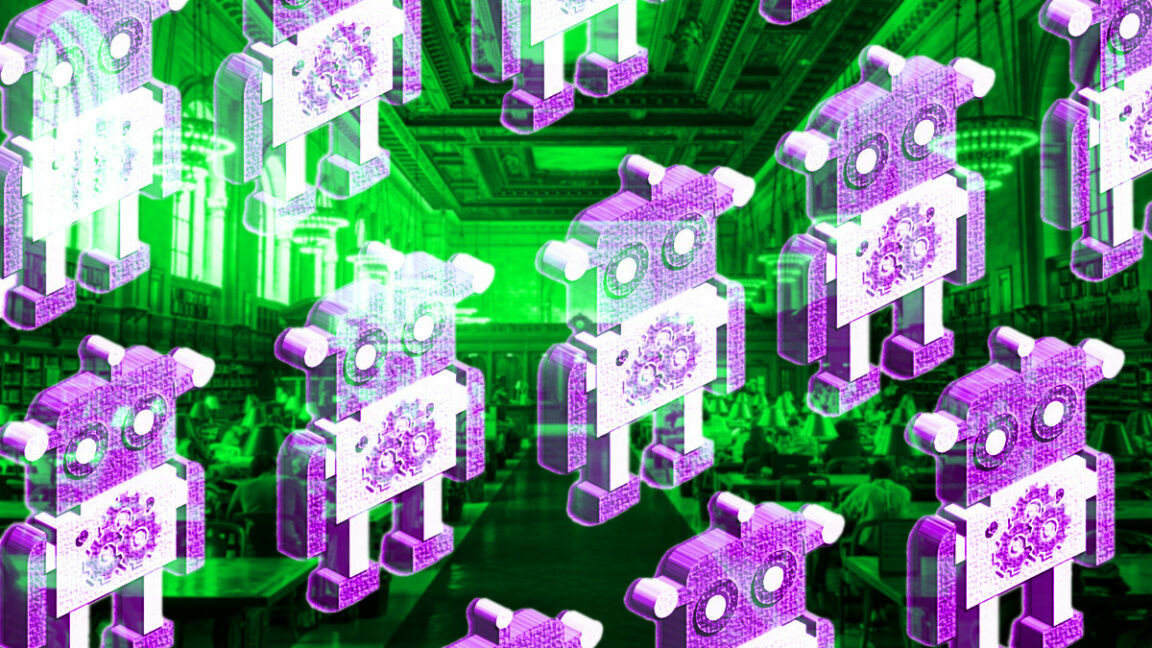 Purple cartoon robots superimposed over a green library photo.
