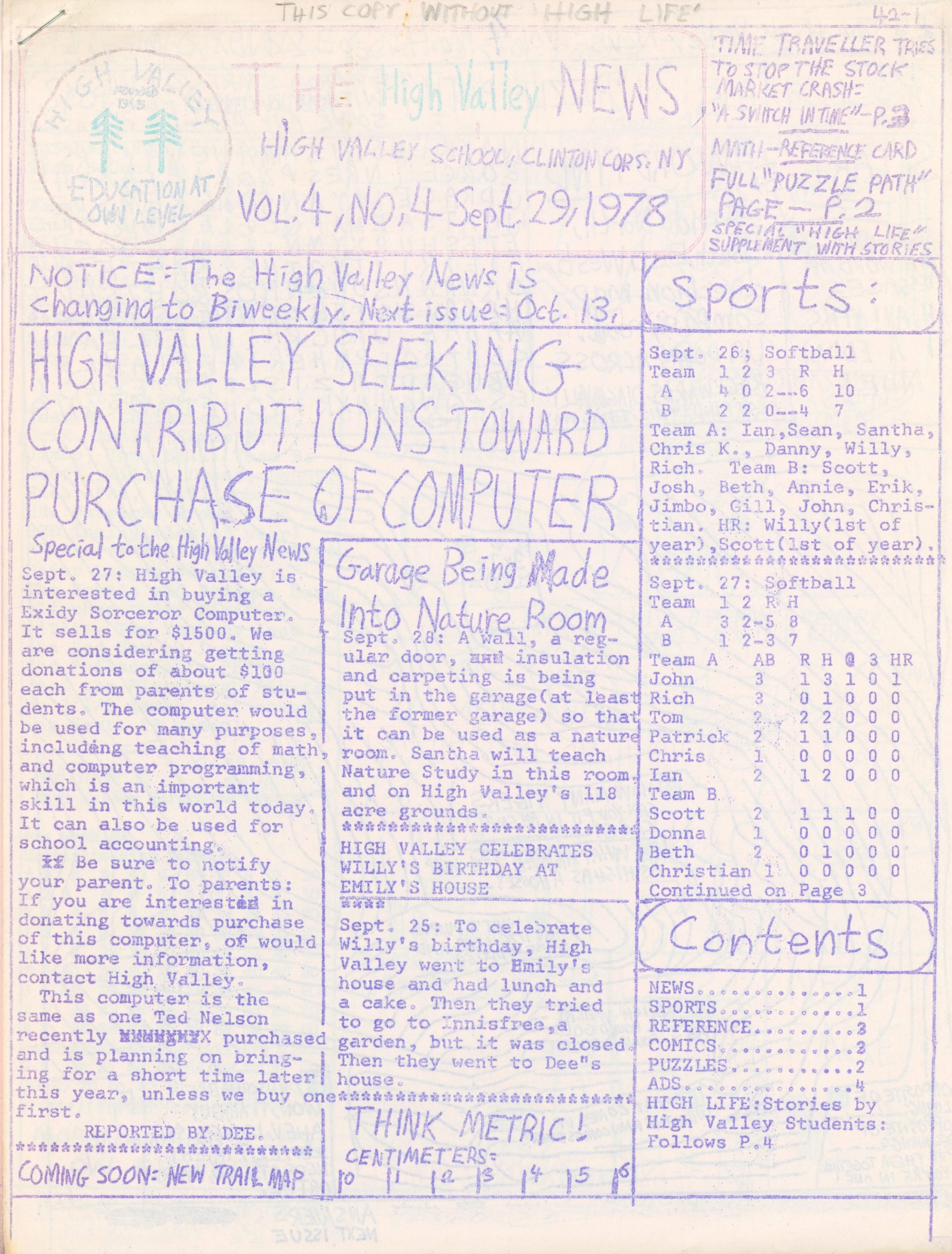 A ditto'd school newsletter from 1978.
