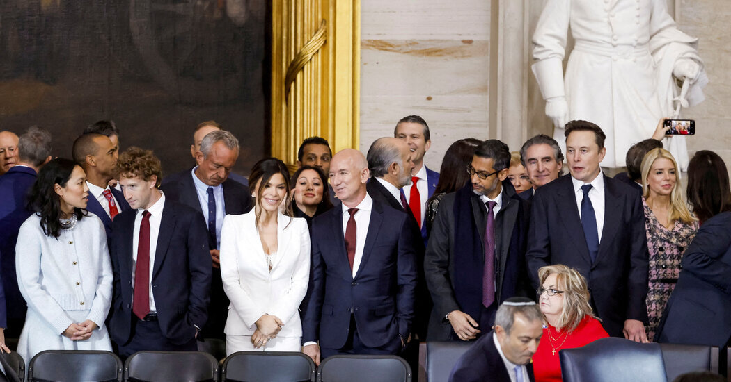 Tech leaders including Mark Zuckerberg, Jeff Bezos, Sundar Pichai and Elon Musk attended President Trump’s inauguration in January.
