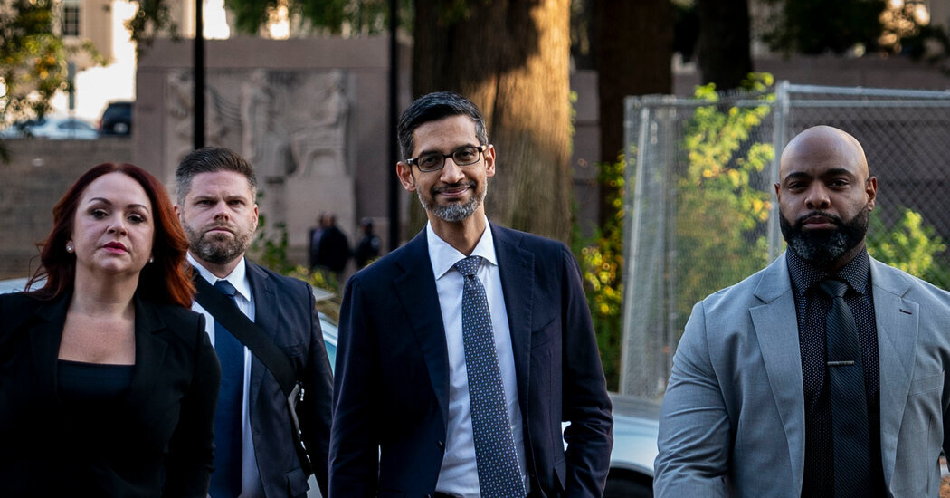 Google’s chief executive, Sundar Pichai, arrives at E. Barrett Prettyman courthouse in Washington, D.C., in 2023.