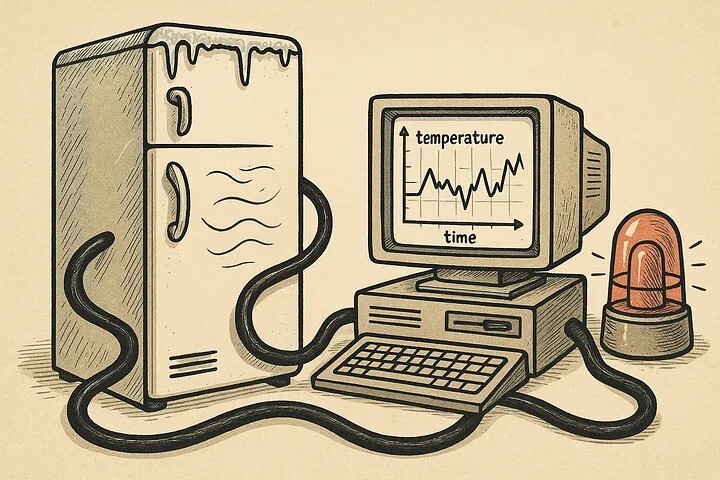 This image created using GPT-4o on Poe using the prompt “picture of an upright freezer connected to a computer for temperature monitoring, together with a graph and an alarm siren. Suitable for a professional blog. Be humorous and use a vintage theme.”