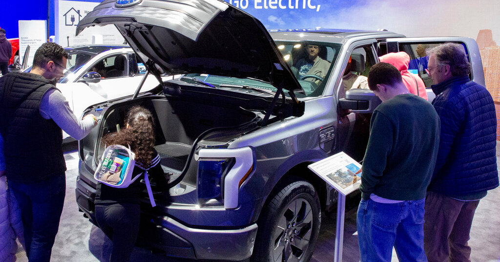 A Ford F-150 Lightning Lariat electric vehicle at the New York International Auto Show in March 2024.