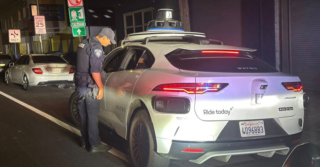 A police officer pulled over a driverless Waymo taxi after it made an illegal U-turn on Saturday in San Bruno, Calif., but could not issue a ticket because it was a driverless car.