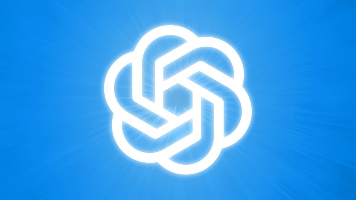 A glowing OpenAI logo on a light blue background.
