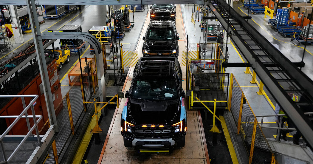 Ford F-150 trucks being assembled at the company’s plant in Dearborn, Mich.