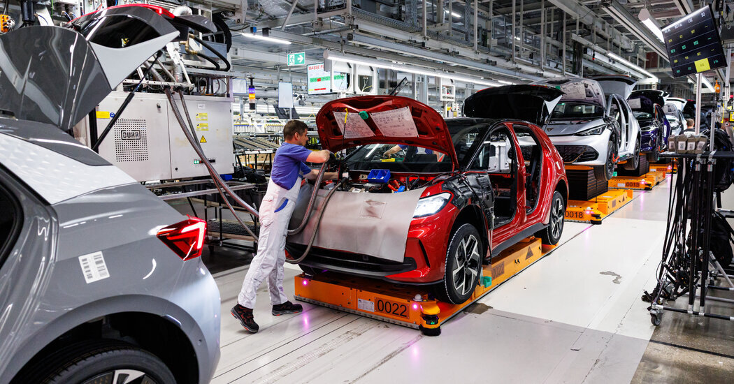 Workers on a production line at the Volkswagen electric car factory in Zwickau, Germany, this month.