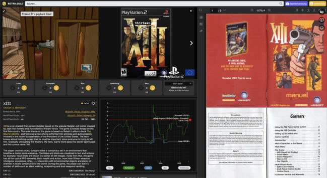 A screenshot of the retro.gold website in wide screen mode. Game video, cover, basic game info, price chart and manual viewer are all visible in the viewport.