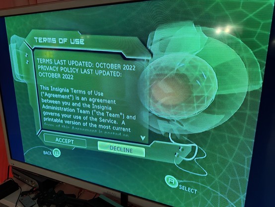 Original XBOX screenshot, showing terms of use for 2025 XBOX Live Insignia Service
